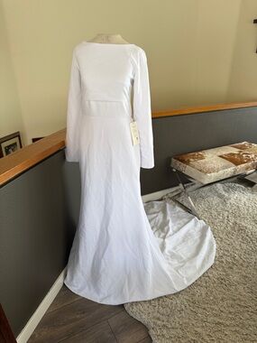 White Long Sleeve Women's minimalist wedding Dress with a train